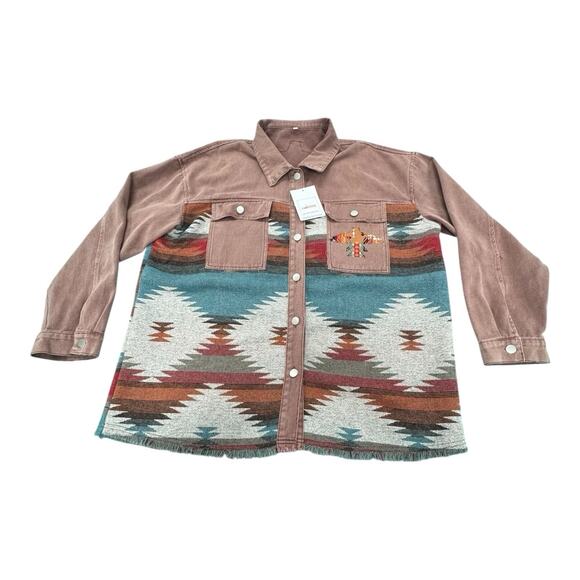 UPCYCLED NWT Lumister Women 2XL Red Denim Aztec Thunderbird Embroidered Shacket - Picture 1 of 16